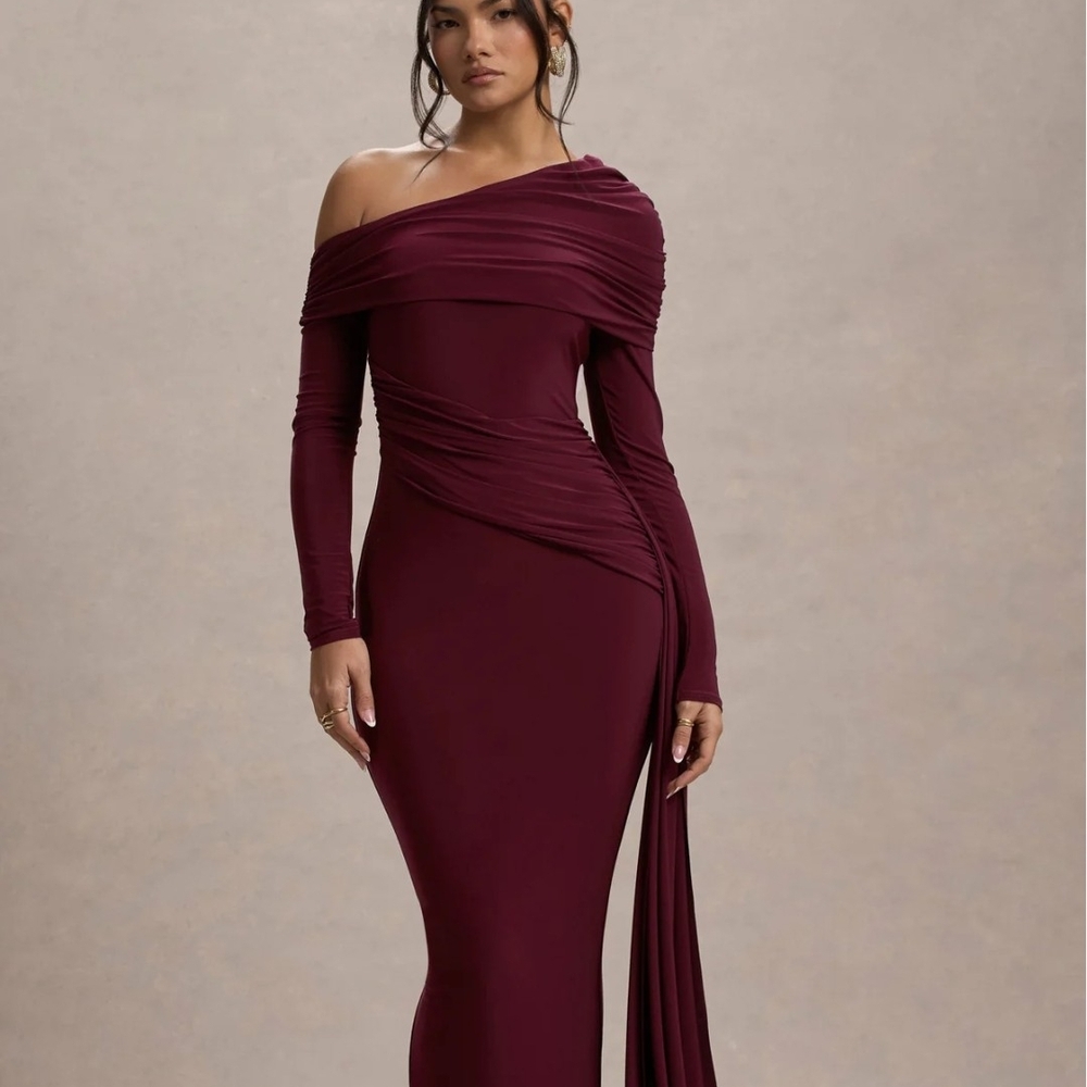 Valina Burgundy Ruched Asymmetric Maxi Dress With Drape